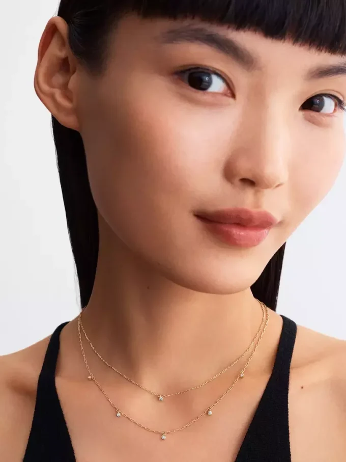 Pandora Era Bezel Lab-Grown Diamond Dangle Station Paperclip Chain Halskette 0,13 ct TW, 14 Karat Gold Pandora Era Bezel Lab-Grown Diamond Dangle Station Paperclip Chain Halskette 0,13 ct TW, 14 Karat Gold