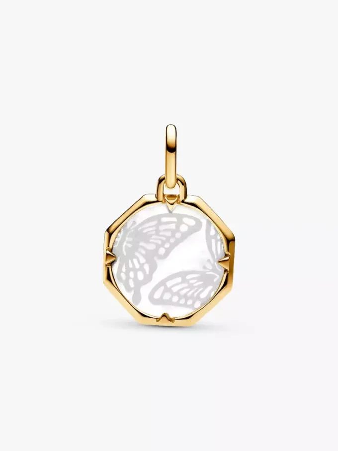 Pandora ME Medaillon-Charm mit perlmuttartigem Schmetterling, 14 Karat vergoldet Pandora ME Medaillon-Charm mit perlmuttartigem Schmetterling, 14 Karat vergoldet