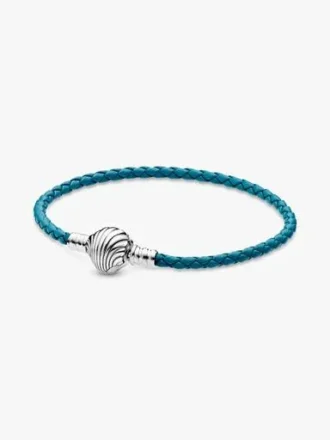 Pandora Moments Armband aus geflochtenem türkisfarbenem Leder mit Muschelverschluss – Sterlingsilber Pandora Moments Armband aus geflochtenem türkisfarbenem Leder mit Muschelverschluss – Sterlingsilber