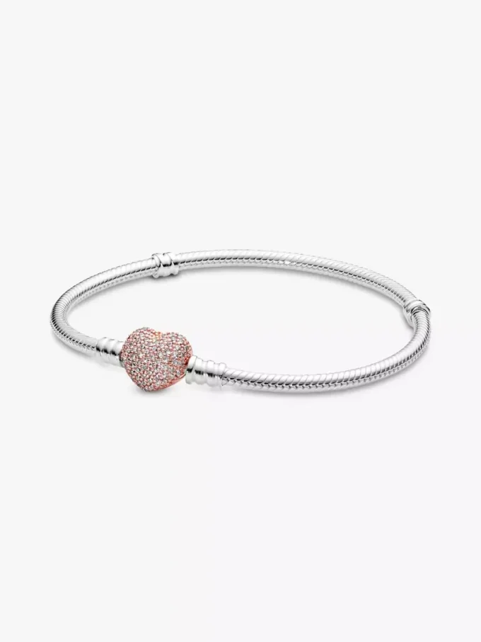 Pandora Moments Pavé-Herzverschluss-Snake Chain-Armband aus Sterlingsilber, 14 Karat Roségold-Beschichtung Pandora Moments Pavé-Herzverschluss-Snake Chain-Armband aus Sterlingsilber, 14 Karat Roségold-Beschichtung