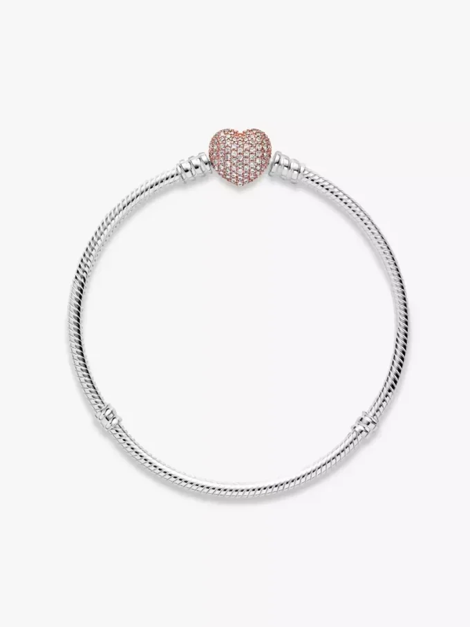 Pandora Moments Pavé-Herzverschluss-Snake Chain-Armband aus Sterlingsilber, 14 Karat Roségold-Beschichtung Pandora Moments Pavé-Herzverschluss-Snake Chain-Armband aus Sterlingsilber, 14 Karat Roségold-Beschichtung