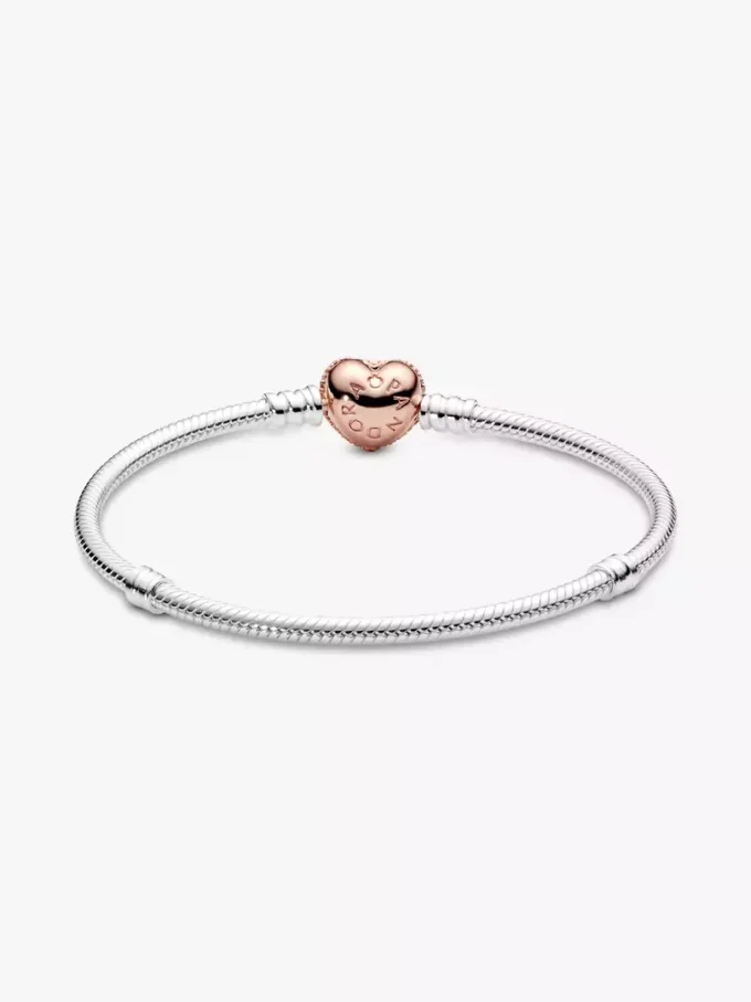 Pandora Moments Pavé-Herzverschluss-Snake Chain-Armband aus Sterlingsilber, 14 Karat Roségold-Beschichtung Pandora Moments Pavé-Herzverschluss-Snake Chain-Armband aus Sterlingsilber, 14 Karat Roségold-Beschichtung