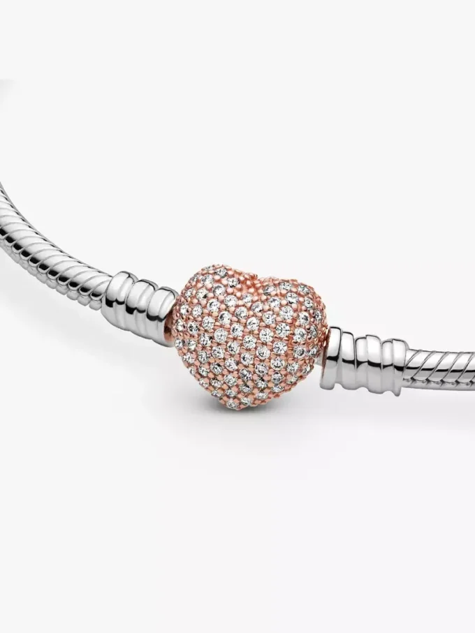 Pandora Moments Pavé-Herzverschluss-Snake Chain-Armband aus Sterlingsilber, 14 Karat Roségold-Beschichtung Pandora Moments Pavé-Herzverschluss-Snake Chain-Armband aus Sterlingsilber, 14 Karat Roségold-Beschichtung