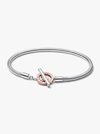 Pandora Moments zweifarbiges Logo-T-Bar-Armband mit Snake Chain – Sterlingsilber, 14 Karat Roségold-Beschichtung