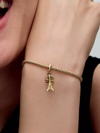 Paris Eiffelturm, im Labor gezüchteter Diamant, gravierbarer Doppel-Dangle Charm, 0,009 ct TW, 14-karätige Vergoldung Paris Eiffelturm, im Labor gezüchteter Diamant, gravierbarer Doppel-Dangle Charm, 0,009 ct TW, 14-karätige Vergoldung