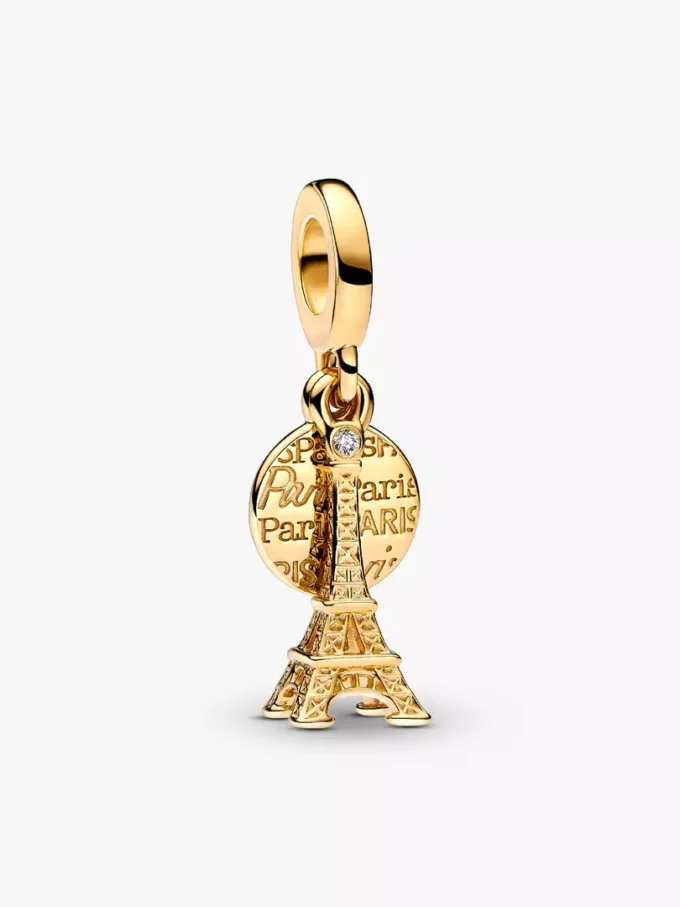 Paris Eiffelturm, im Labor gezüchteter Diamant, gravierbarer Doppel-Dangle Charm, 0,009 ct TW, 14-karätige Vergoldung Paris Eiffelturm, im Labor gezüchteter Diamant, gravierbarer Doppel-Dangle Charm, 0,009 ct TW, 14-karätige Vergoldung