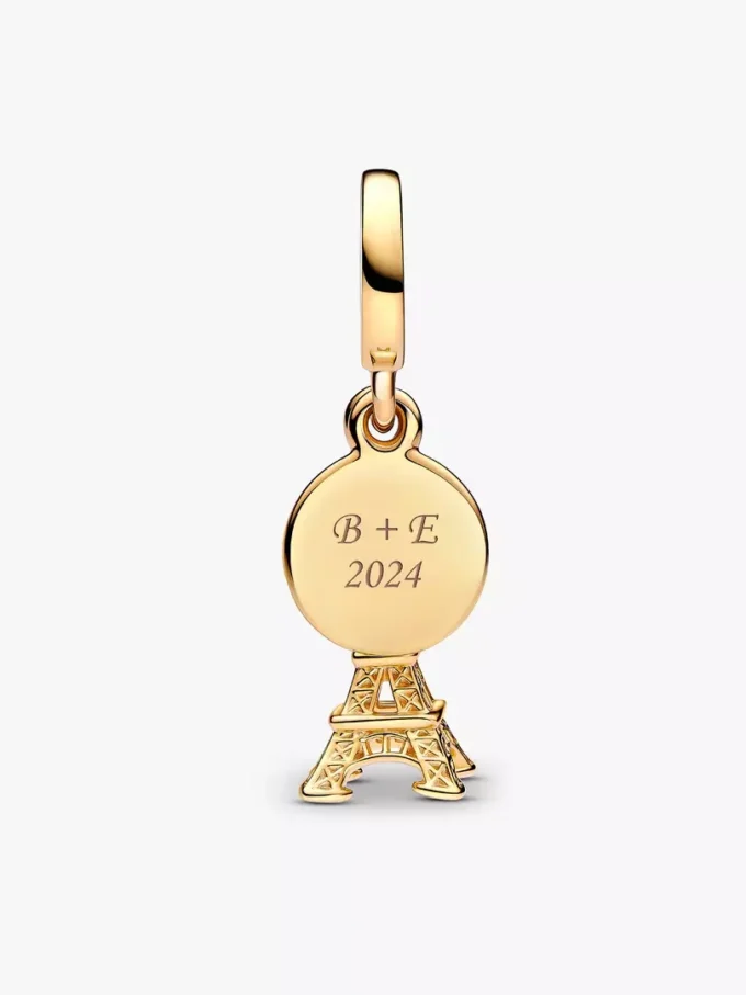 Paris Eiffelturm, im Labor gezüchteter Diamant, gravierbarer Doppel-Dangle Charm, 0,009 ct TW, 14-karätige Vergoldung Paris Eiffelturm, im Labor gezüchteter Diamant, gravierbarer Doppel-Dangle Charm, 0,009 ct TW, 14-karätige Vergoldung