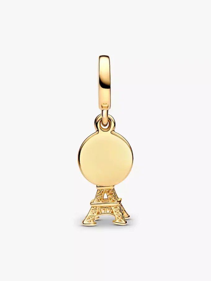Paris Eiffelturm, im Labor gezüchteter Diamant, gravierbarer Doppel-Dangle Charm, 0,009 ct TW, 14-karätige Vergoldung Paris Eiffelturm, im Labor gezüchteter Diamant, gravierbarer Doppel-Dangle Charm, 0,009 ct TW, 14-karätige Vergoldung