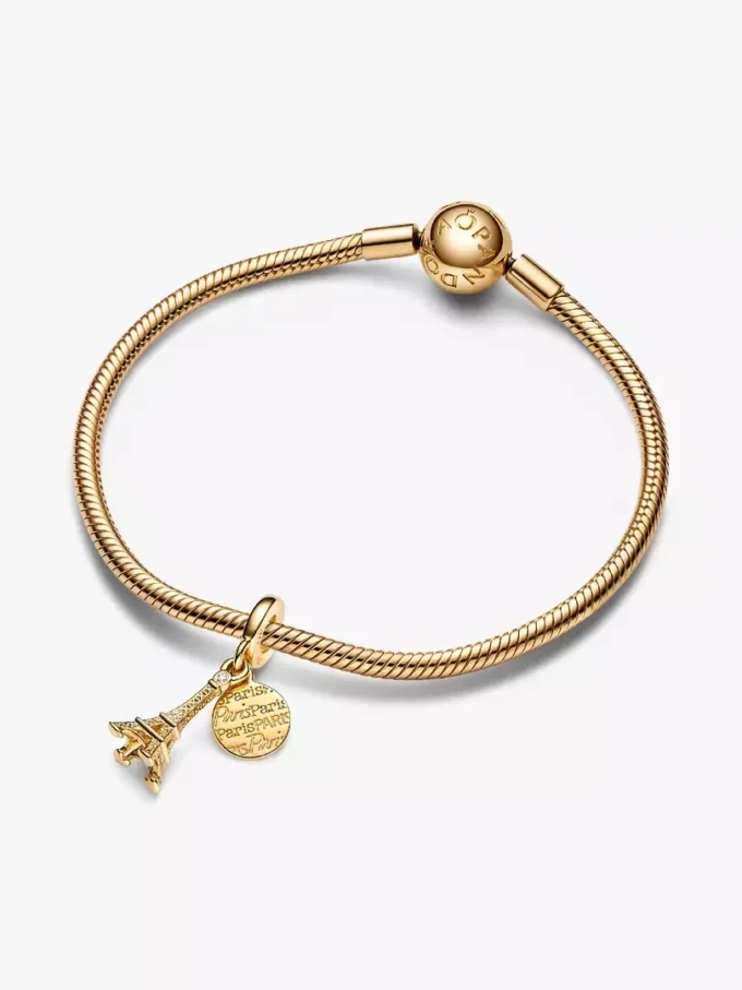 Paris Eiffelturm, im Labor gezüchteter Diamant, gravierbarer Doppel-Dangle Charm, 0,009 ct TW, 14-karätige Vergoldung Paris Eiffelturm, im Labor gezüchteter Diamant, gravierbarer Doppel-Dangle Charm, 0,009 ct TW, 14-karätige Vergoldung
