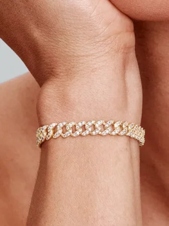 Pavé-Armband mit kubanischer Kette, 14 Karat vergoldet Pavé-Armband mit kubanischer Kette, 14 Karat vergoldet
