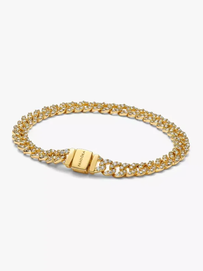 Pavé-Armband mit kubanischer Kette, 14 Karat vergoldet Pavé-Armband mit kubanischer Kette, 14 Karat vergoldet