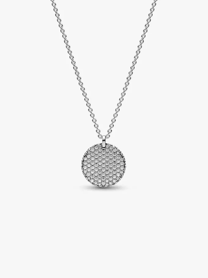 Endgültiger Verkauf – Pandora Timeless Pavé Round Pendant Halskette aus Sterlingsilber Endgültiger Verkauf – Pandora Timeless Pavé Round Pendant Halskette aus Sterlingsilber