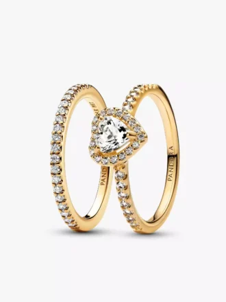 „Playful Love“ – Ring-Set mit goldenem, erhöhtem Herz und funkelndem Band (2er-Set)