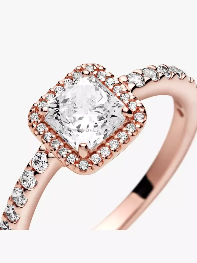 Quadratischer Halo-Ring mit funkelnden Steinen, 14 Karat Roségold-Beschichtung Quadratischer Halo-Ring mit funkelnden Steinen, 14 Karat Roségold-Beschichtung