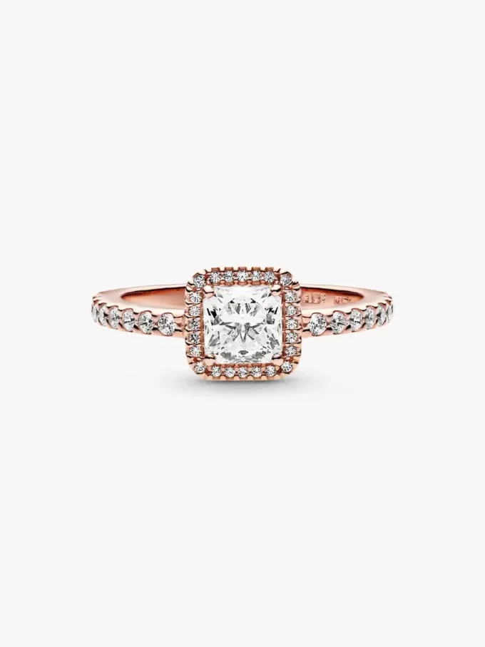 Quadratischer Halo-Ring mit funkelnden Steinen, 14 Karat Roségold-Beschichtung Quadratischer Halo-Ring mit funkelnden Steinen, 14 Karat Roségold-Beschichtung
