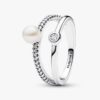 Ring mit doppelter Fassung aus behandeltem Süßwasser-Zuchtperle und Pavé – Sterlingsilber Ring mit doppelter Fassung aus behandeltem Süßwasser-Zuchtperle und Pavé – Sterlingsilber
