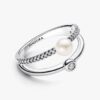 Ring mit doppelter Fassung aus behandeltem Süßwasser-Zuchtperle und Pavé – Sterlingsilber Ring mit doppelter Fassung aus behandeltem Süßwasser-Zuchtperle und Pavé – Sterlingsilber