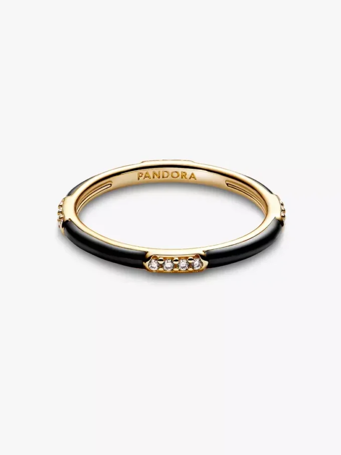 Ring mit schwarzem Emaille und Steinen, 14-karätig vergoldet Ring mit schwarzem Emaille und Steinen, 14-karätig vergoldet