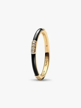 Ring mit schwarzem Emaille und Steinen – 14-karätige Vergoldung