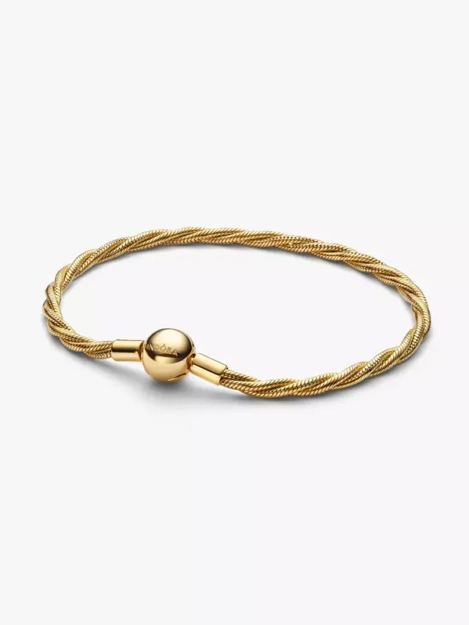 Rundes Pandora-Armband mit gedrehter Snake Chain und Verschluss, 14-karätig vergoldet Rundes Pandora-Armband mit gedrehter Snake Chain und Verschluss, 14-karätig vergoldet