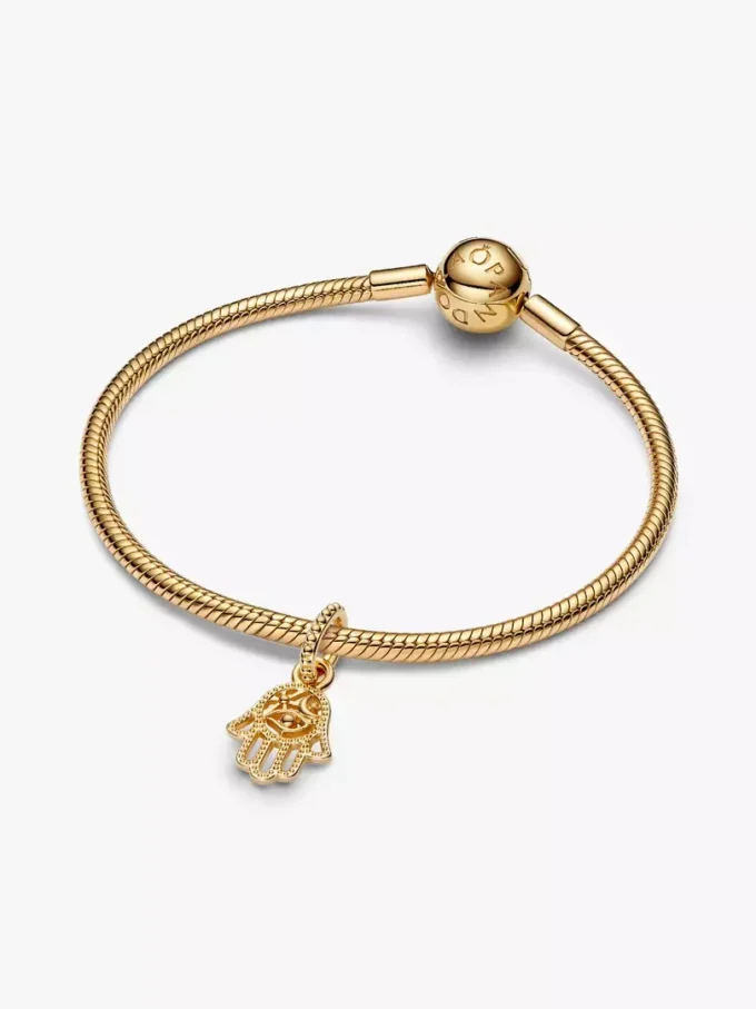 Schützender Hamsa-Hand-Dangle Charm, 14-karätig vergoldet Schützender Hamsa-Hand-Dangle Charm, 14-karätig vergoldet