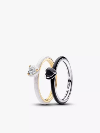Schwarz-weißes Chakra-Herz-Ring-Set, 2er-Set