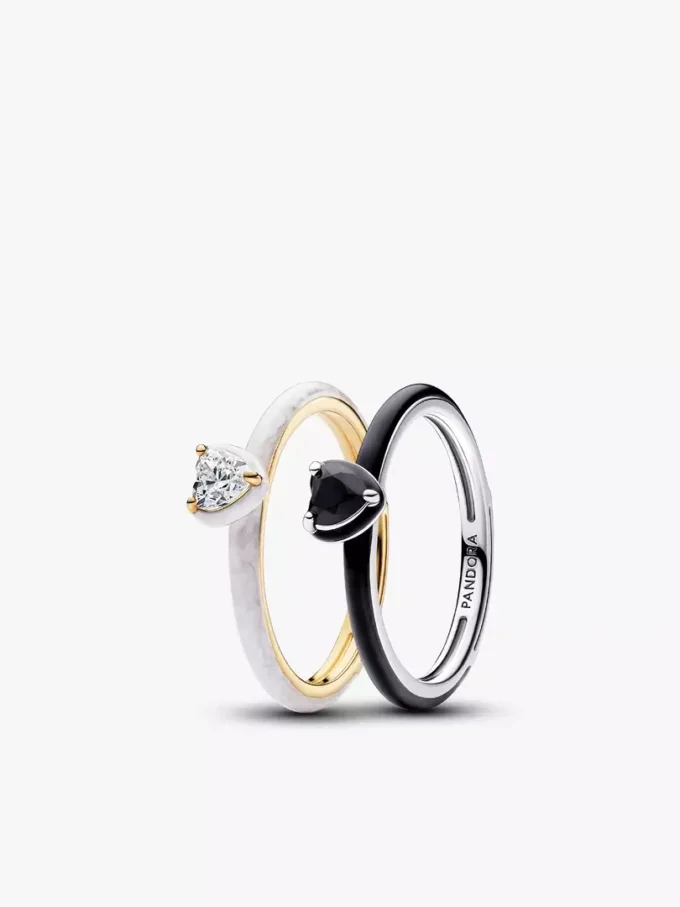 Schwarz-weißes Chakra-Herz-Ring-Set, 2er-Set Schwarz-weißes Chakra-Herz-Ring-Set, 2er-Set