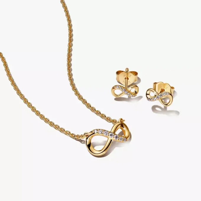Set aus goldener Unendlichkeits-Halskette und Ohrringen, 2er-Set Set aus goldener Unendlichkeits-Halskette und Ohrringen, 2er-Set