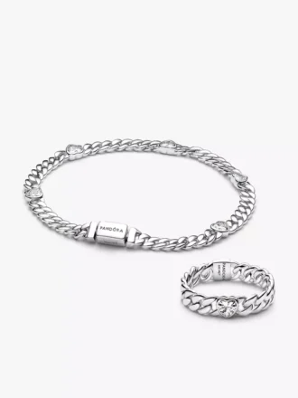 Silber-Herz-Kubaketten-Armband & Ring-Set, 2er-Set