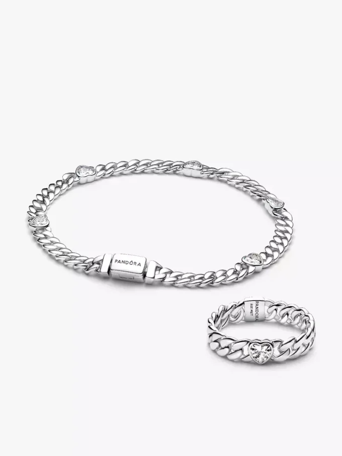 Silber-Herz-Kubaketten-Armband & Ring-Set, 2er-Set