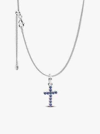 Sparkling Blue Round Bezel Cross Pendant Halskette – 2er-Set