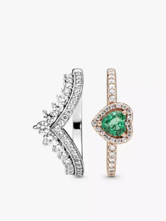 Stapelring-Set mit grünem Herz und Princess-Wishbone, 2er-Set