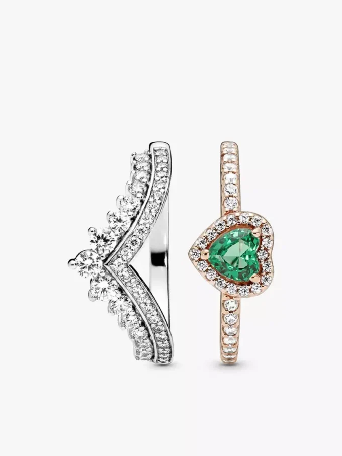Stapelring-Set mit grünem Herz und Princess-Wishbone, 2er-Set Stapelring-Set mit grünem Herz und Princess-Wishbone, 2er-Set