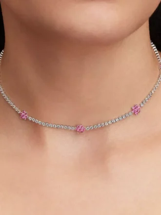 Tennis-Halskette mit rosa Blumen aus Sterlingsilber