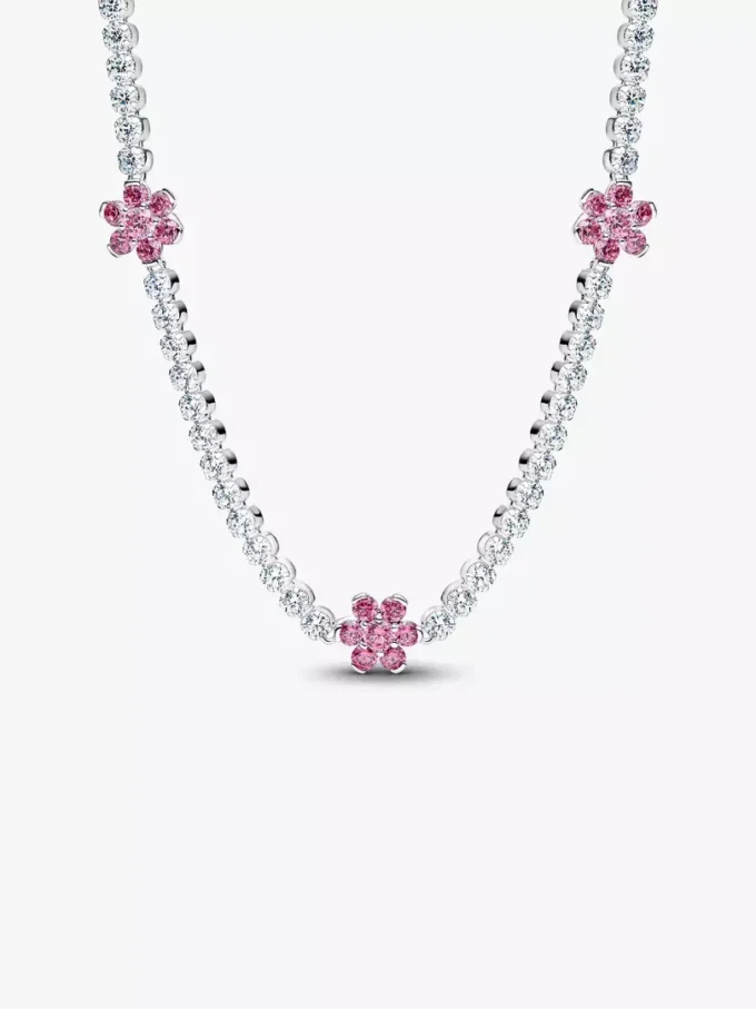 Tennis-Halskette mit rosa Blumen aus Sterlingsilber Tennis-Halskette mit rosa Blumen aus Sterlingsilber
