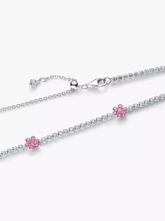 Tennis-Halskette mit rosa Blumen aus Sterlingsilber Tennis-Halskette mit rosa Blumen aus Sterlingsilber