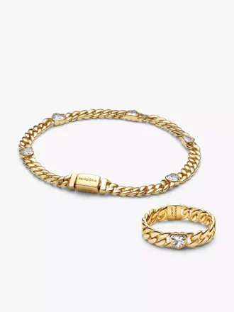 Vergoldetes Herz-Kubaketten-Armband & Ring-Set, 2er-Set Vergoldetes Herz-Kubaketten-Armband & Ring-Set, 2er-Set