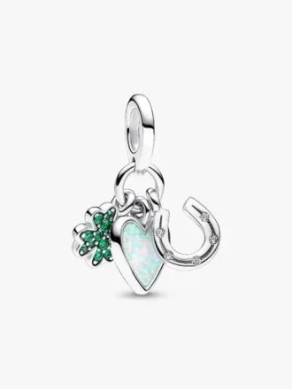 Vierblättriges Kleeblatt, Herz und Hufeisen – Dreifach-Dangle Charm – Sterlingsilber
