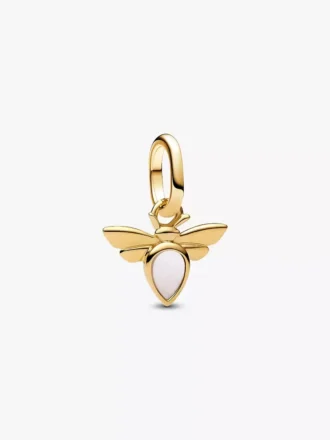 Weißer Mini-Dangle Charm in Bienenform, 14-karätig vergoldet