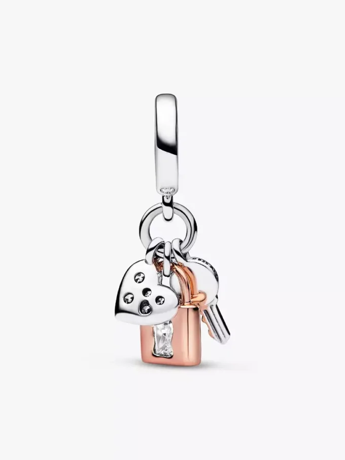 Zweifarbiger Dangle Charm mit Schlüssel, Vorhängeschloss und Herz aus Sterlingsilber, 14 Karat Roségold-Beschichtung Zweifarbiger Dangle Charm mit Schlüssel, Vorhängeschloss und Herz aus Sterlingsilber, 14 Karat Roségold-Beschichtung