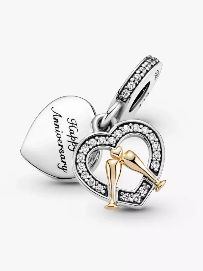 Zweifarbiger „Happy Anniversary“-Dangle Charm aus 14-karätigem Gold und Sterlingsilber Zweifarbiger „Happy Anniversary“-Dangle Charm aus 14-karätigem Gold und Sterlingsilber