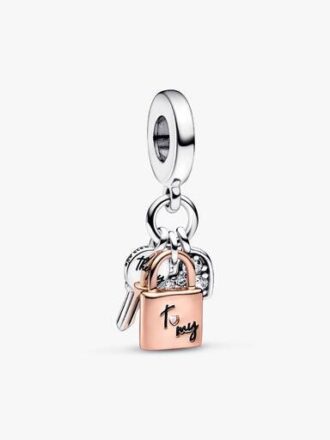 Zweifarbiger Schlüssel-, Vorhängeschloss- und Herz-Dangle Charm – Sterlingsilber, 14-karätige Roségoldbeschichtung