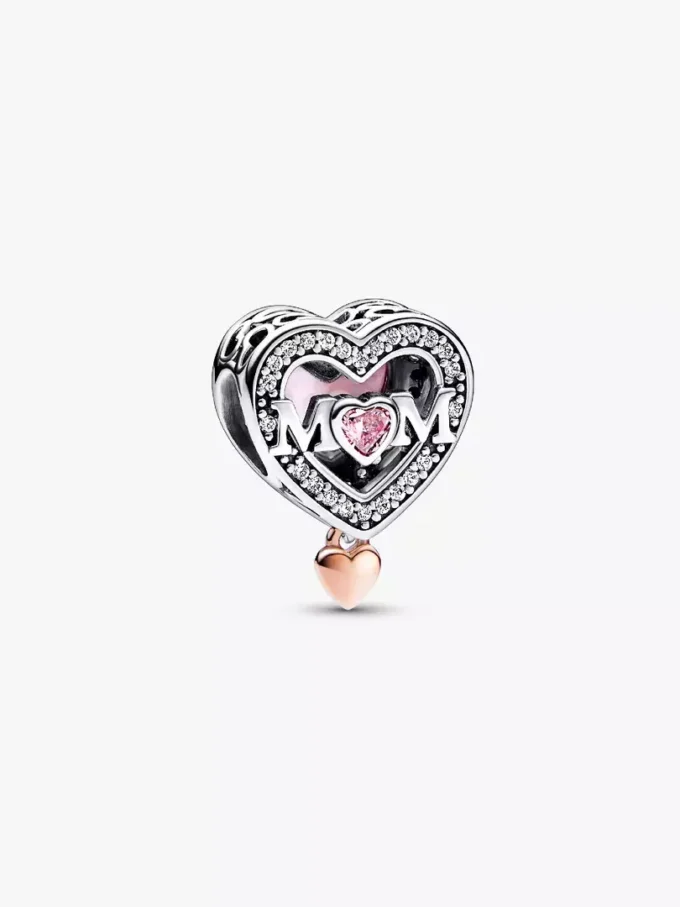 Zweifarbiger, durchbrochener „Mom & Heart“-Charm aus Sterlingsilber, 14 Karat Roségold-Beschichtung Zweifarbiger, durchbrochener „Mom & Heart“-Charm aus Sterlingsilber, 14 Karat Roségold-Beschichtung