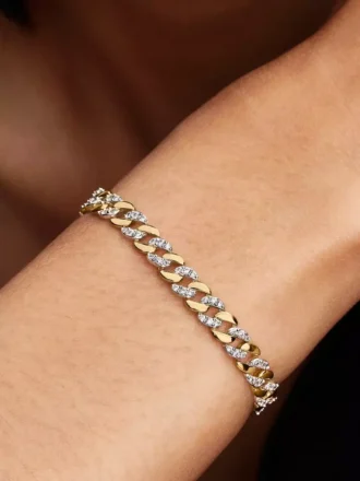 Zweifarbiges Pavé-Armband mit kubanischer Kette aus Sterlingsilber, 14-karätig vergoldet Zweifarbiges Pavé-Armband mit kubanischer Kette aus Sterlingsilber, 14-karätig vergoldet