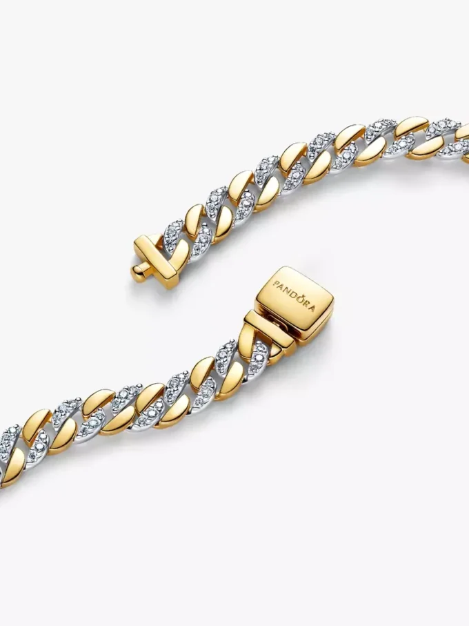 Zweifarbiges Pavé-Armband mit kubanischer Kette aus Sterlingsilber, 14-karätig vergoldet Zweifarbiges Pavé-Armband mit kubanischer Kette aus Sterlingsilber, 14-karätig vergoldet